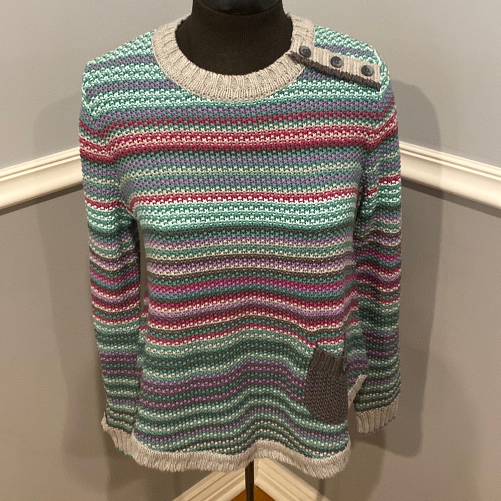 Striped Multicolor Crewneck Sweater with Button-Shoulder Detail